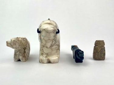 Group of Four Zuni and Native American Animal Fetishes featuring Buffalo, Bear and Panther