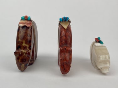 Set of Three Zuni Carved Bear Fetishes with Offering Bundles