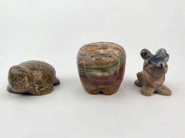 Group of Three Zuni Carved Stone Fetish Animals featuring Turtle, Bear and Frog