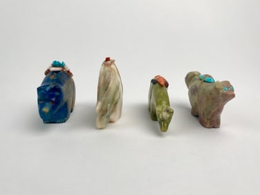 Group of Four Zuni Fetish Bear Carvings with Offering Bundles