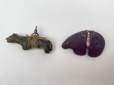 Set of Two Zuni Fetish Bear Pendant and Brooch Carvings with Offerings