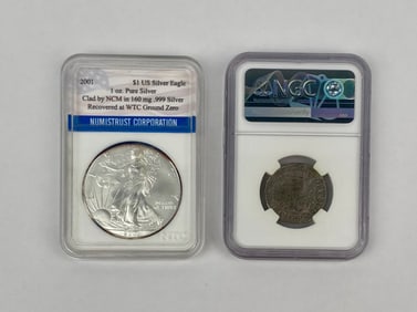 Certified Silver Commemorative Coin Pair: 2001 WTC Recovery Eagele and 1771 El Cazador Shipwreck 2