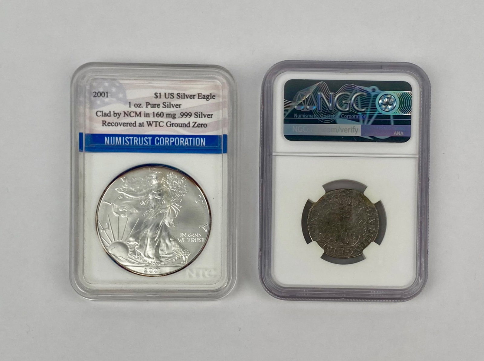 Certified Silver Commemorative Coin Pair: 2001 WTC Recovery Eagele and 1771 El Cazador Shipwreck 2 (1 of 12)