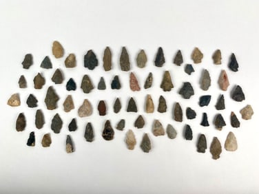 Group of 65 Native American Arrowheads in Varied Materials and Form