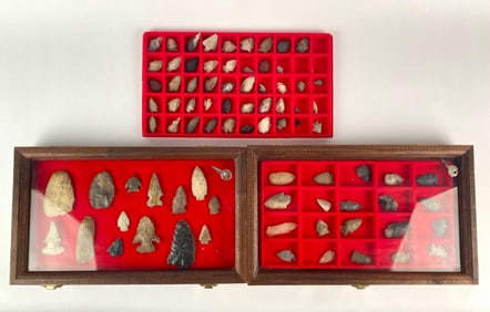 Collection of 81 Native American Arrowheads in Display Cases