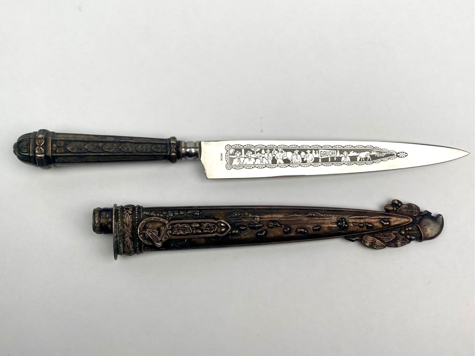 Etched Gaucho Motif Stainless Steel Dagger with Ornate Bronze Sheath (1 of 12)