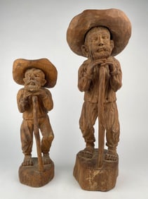 Pair of Hand Carved Folk Art Figures of a Bearded Man with Staff