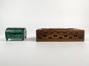 Pair of Decorative Keepsake Boxes Verdigris Copper and Ecuadorian Carved Wood