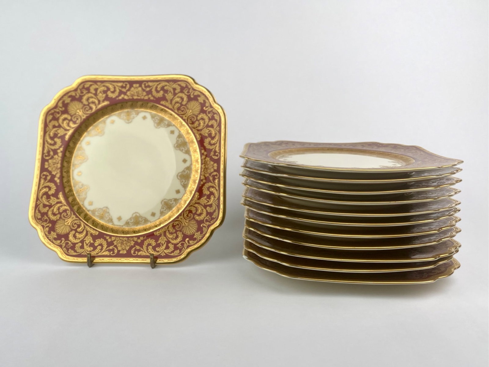 Set of 12 Heinrich & Co. Selba Bavaria Gilded Red and Gold Square Dessert Plates (1 of 11)