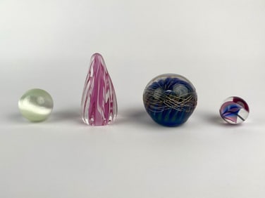 Group of Four Contemporary Art Glass Paperweights and Sculptures