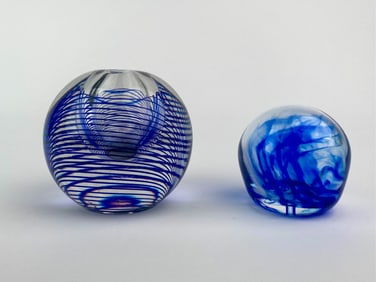 Pair of Hand Blown Glass Paperweights with Blue Spiral Designs