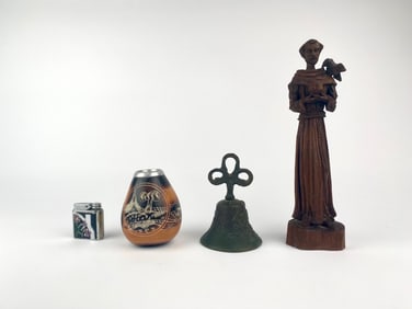 Group of Decorative Collectibles Including Carved Wood Saint Figure, Bronze Bell, Cordoba Gourd, and