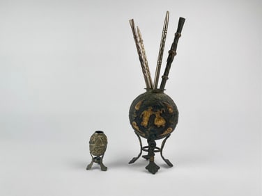 Antique South American Bombilla Set with Embossed Gourd Stands