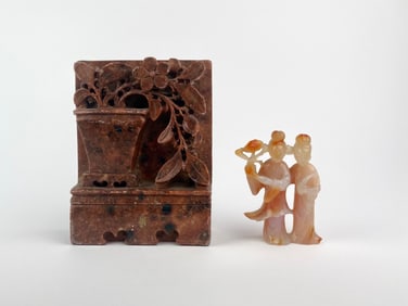 Group of Two Chinese Hardstone Carvings: Planter Plaque and Figures