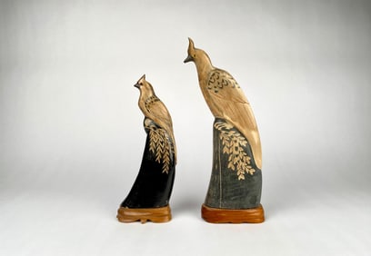 Pair of Carved Horn Bird Figures on Wooden Bases