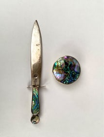 Mexican Alpaca Silver Letter Opener and Pill Box with Abalone Shell