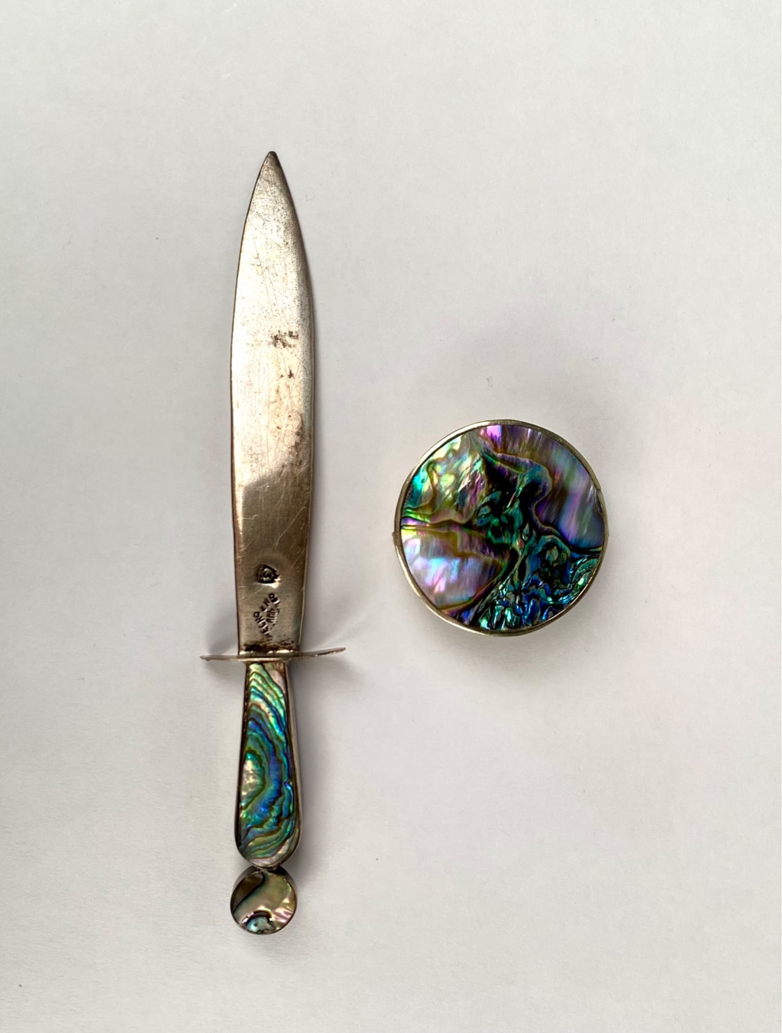 Mexican Alpaca Silver Letter Opener and Pill Box with Abalone Shell (1 of 10)