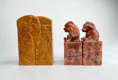 Two Carved Stone Chinese Seals with Figures and Fu Lions