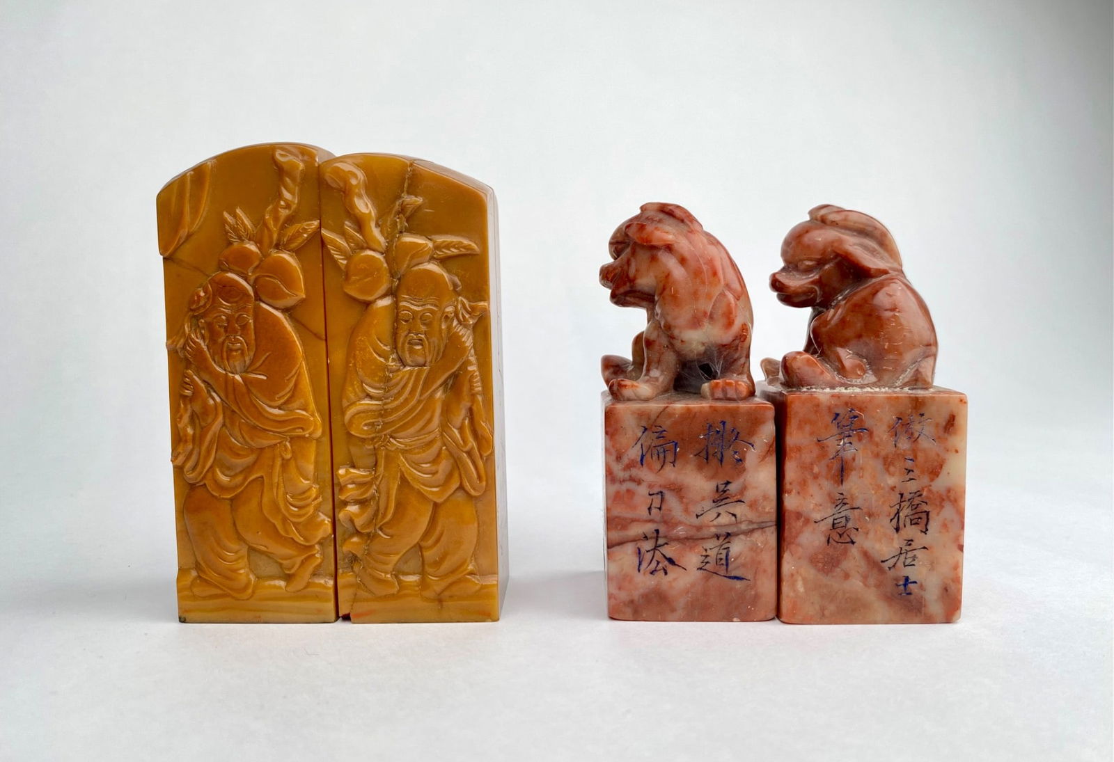 Two Carved Stone Chinese Seals with Figures and Fu Lions (1 of 9)