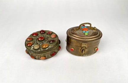 Two Gemstone Embellished Metal Trinket Boxes