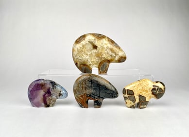 Four Polished Stone Animal Figurines in Varied Minerals