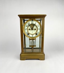 Ansonia Brass and Glass Mantel Clock with Visible Pendulum