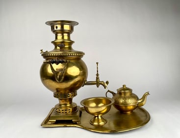 Russian Brass Samovar Tea Set with Tray, Teapot, and Bowl