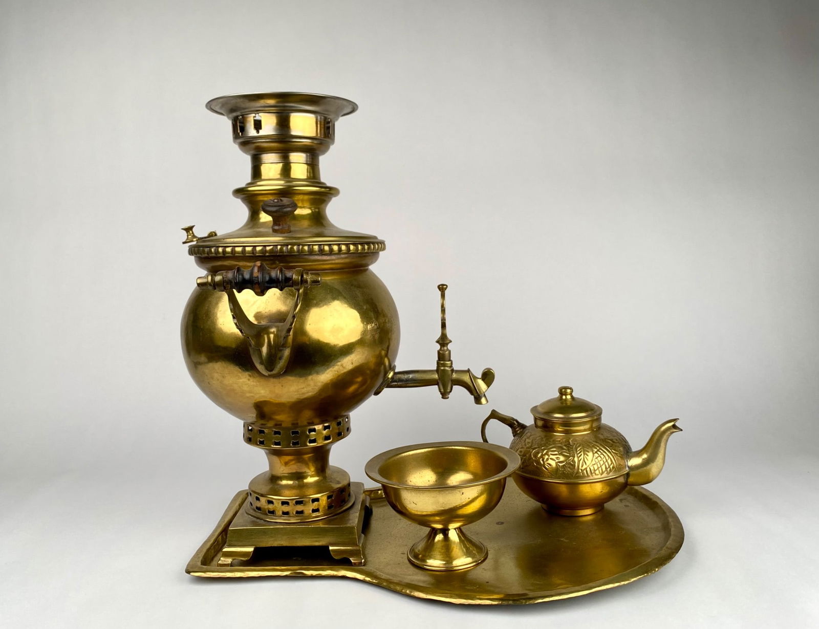 Russian Brass Samovar Tea Set with Tray, Teapot, and Bowl (1 of 12)