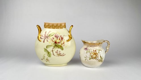 Two Hand Painted Porcelain Vessels with Floral and Gilded Accents