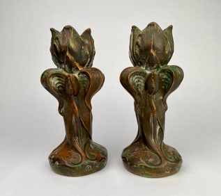 Pair of Art Nouveau Copper Clad Pottery Lotus Candlesticks