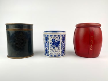 Group of Three Vintage Tobacco Jars: Delft, French Leather and Guilloche Enamel
