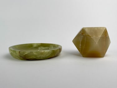 Carved Onyx Decorative Dish and Geometric Sculpture