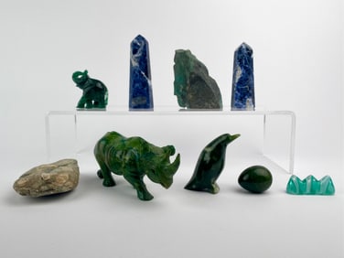 Group of Carved and Natural Mineral Specimens Including Fossil, Sodalite, and Chrysocolla