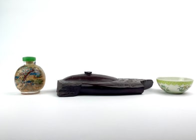 Group of Chinese Decorative Objects including Snuff Bottle, Carved Inkstone and Small Porcelain Bowl