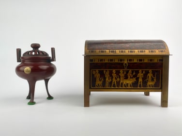 Pair of Decorative Metal Objects: Japanese Incense Burner and Mid Century Egyptian Revival Dice Box