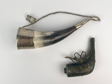 Set of Two Horn and Metal Vessels: Eastern European Drinking Horn and Cast Bronze Ritual Horn