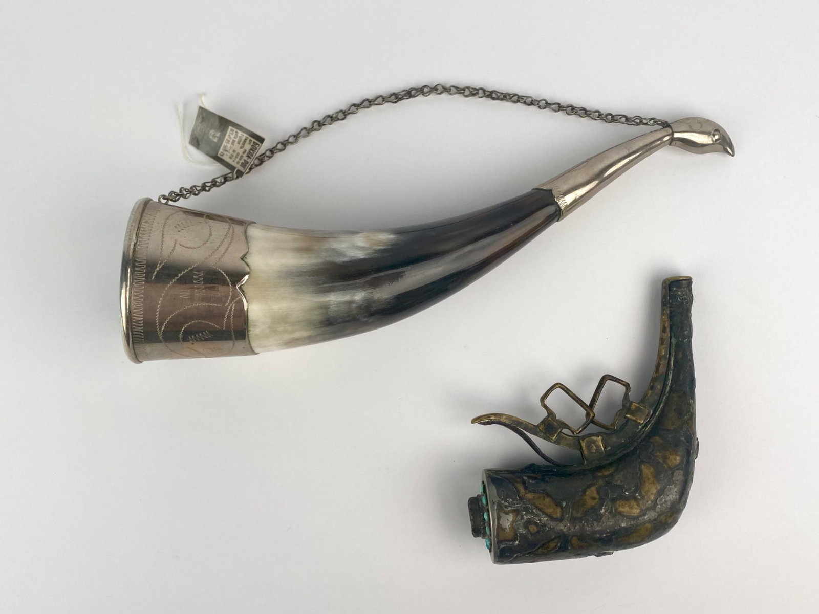 Set of Two Horn and Metal Vessels: Eastern European Drinking Horn and Cast Bronze Ritual Horn (1 of 12)