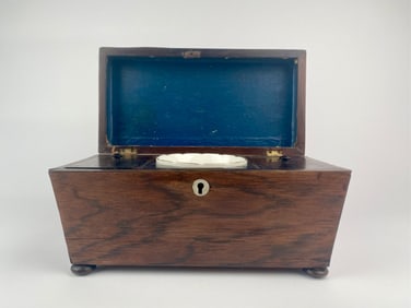 Georgian Mahogany Sarcophagus Tea Caddy with Porcelain Bowl (1780)