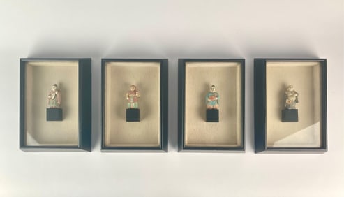 Framed Set of Four Mid Century Miniature Asian Figurines by Buzza Junior Inc
