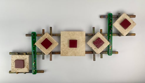 Signed Contemporary Mixed Media Wall Sculpture with Glass, Stone and Metal