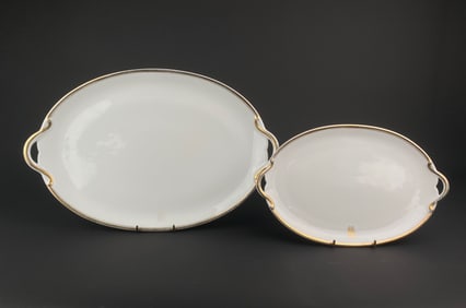 Pair of French GDA Limoges Oval Porcelain Serving Platters with Gilt Monogram