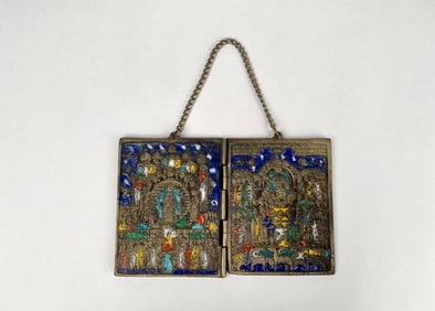 Russian Enameled Brass Folding Icon Triptych with Chain