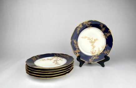 6 Haviland & Co. Limoges Cobalt Blue and Gold Floral Porcelain Plates