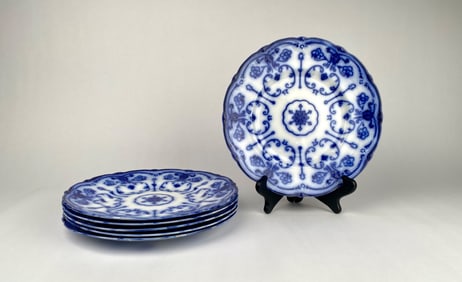 Set of 6 New Wharf Pottery Conway Flow Blue 10 inch Dinner Plates