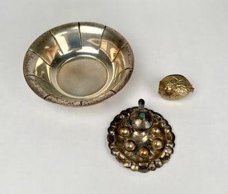 Sterling Silver Miniature Tea Set, Bowl, and Brass Thimble Set