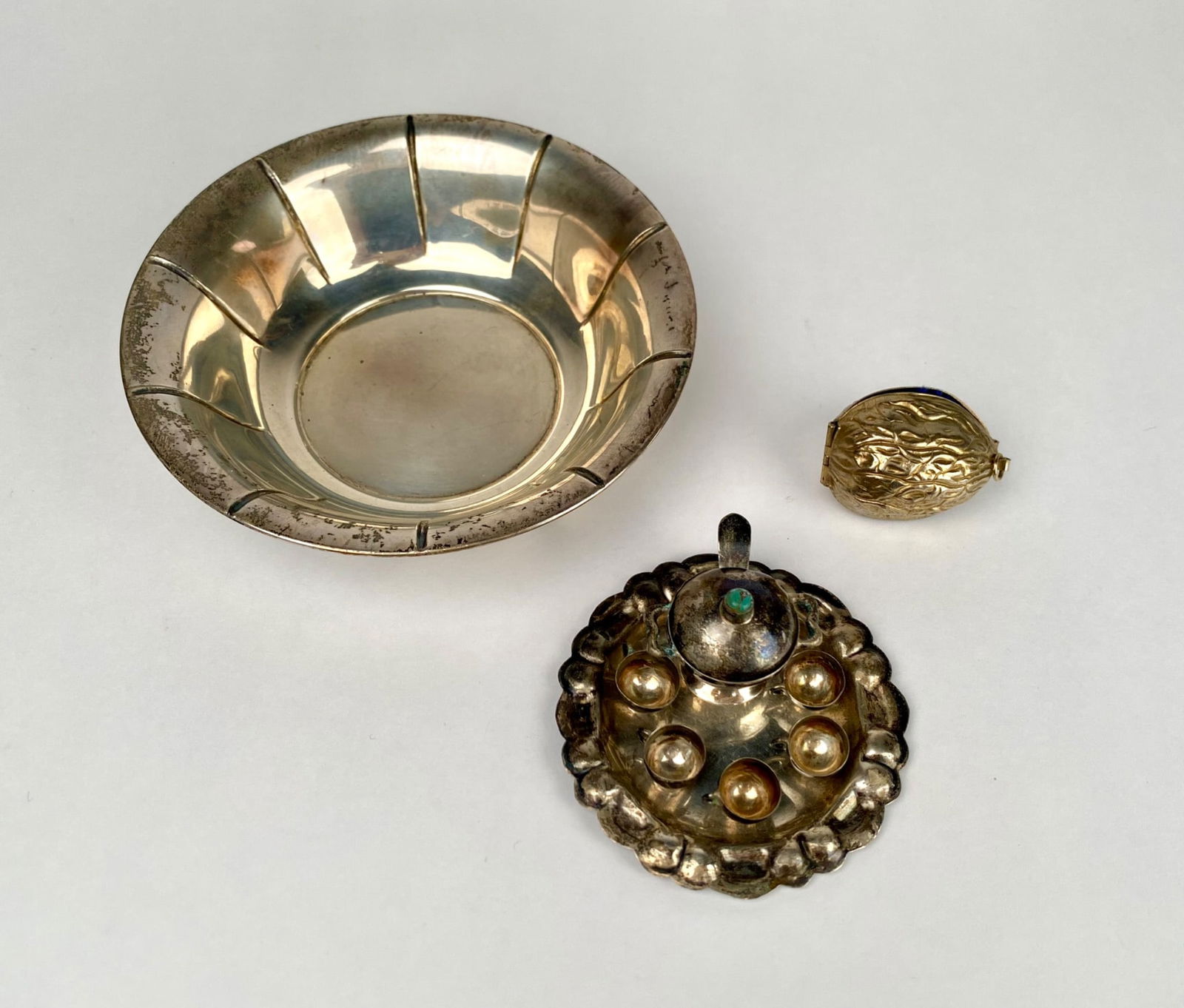Sterling Silver Miniature Tea Set, Bowl, and Brass Thimble Set (1 of 12)