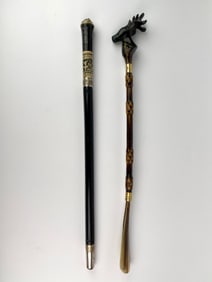 Pair of Vintage Canes- Carved Deer Head Shoehorn and Decorative Swagger Stick