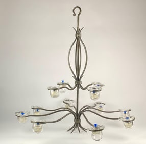 Wrought Iron and Glass Hanging Oil Lamp Chandelier with 12 Reservoirs