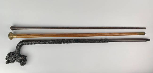 Group of Three Vintage Walking Sticks and Canes: Group of three distinctive vintage and antique walking sticks and canes. The first is a finely carved hardwood cane featuring an elaborate dragon handle and detailed serpentiform body. The second is a