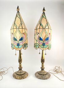 Pair of Tiffany-Style Table Lamps with Brass Bases